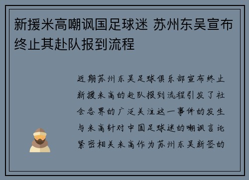 新援米高嘲讽国足球迷 苏州东吴宣布终止其赴队报到流程