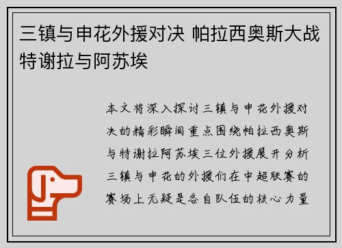 三镇与申花外援对决 帕拉西奥斯大战特谢拉与阿苏埃