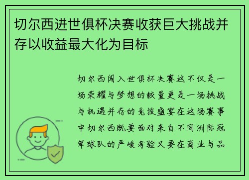 切尔西进世俱杯决赛收获巨大挑战并存以收益最大化为目标